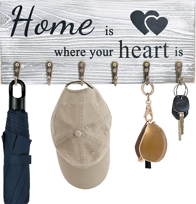 AHYS Key Holder Wall Mount Rustic Wooden Key Hanger with 6 Hooks for Farmhouse Home Entryway Living Room Decor - Light Grey