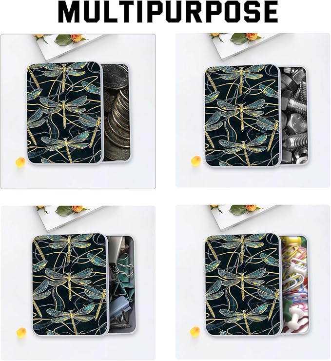 Metal Tin Box with Lid,Multi-functional Storage Large Box Can Store Tea Biscuits Game Cards, Playing & Tarot Cards-Comes with 4 Magnetic Cord Clips,Golden Dragonflies Pattern