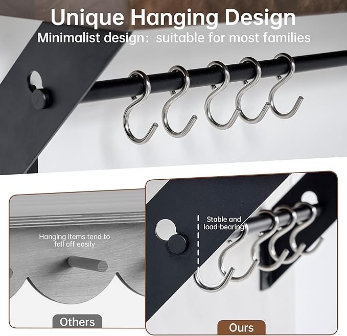 Coat Rack Wall Mount with Shelf - Natural Walnut Wall Shelf with Hooks, Entryway Floating Shelves with 5 Hooks and Metal Frame for Bags, Hats, Kitchen, Living Room, Bedroom