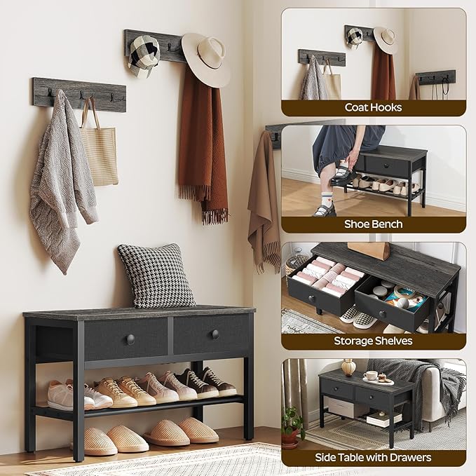 Hall Tree with Bench and Shoe Storage, Entryway Bench with Coat Rack, 4-in-1 Coat Rack Shoe Bench, Multifunctional, for Front Door, Hallway, Foyer, Charcoal Grey and Black MT05BC