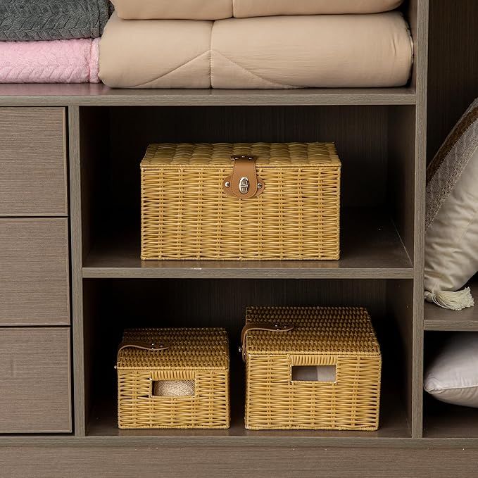 Wicker Storage Baskets with Lids, Set of 3 Decorative Storage Boxes For Organizing, Woven Baskets with Leather Lock and Handles (Beige)