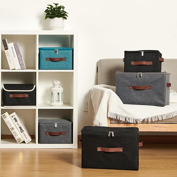 2PCS Storage Bins with Lid Fabric Storage Box Basket PU Leather Handle Textured Woven Cotton Linen Decorative Foldable Washable Shelf Closet Organizer Container (Zipper Lid, Black, Large)