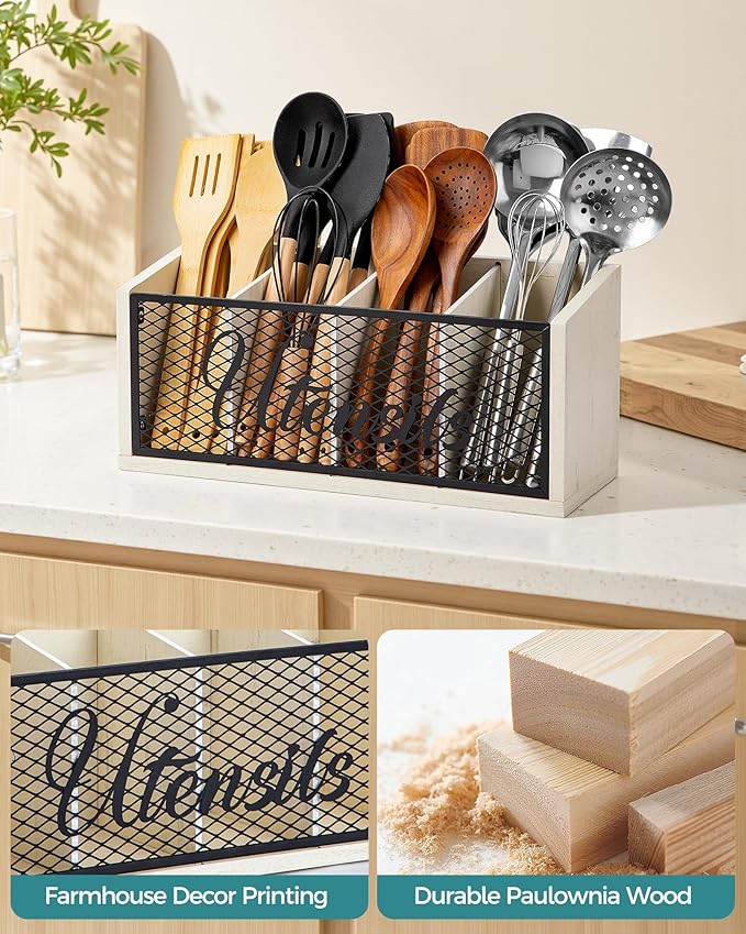 Extra Large Kitchen Utensil Holder with 4 Compartments, Wooden Cooking Utensil Holder for Counter, Farmhouse Utensil Organizer for Countertop, Spatula Holder, Rustic Kitchen Decor, White