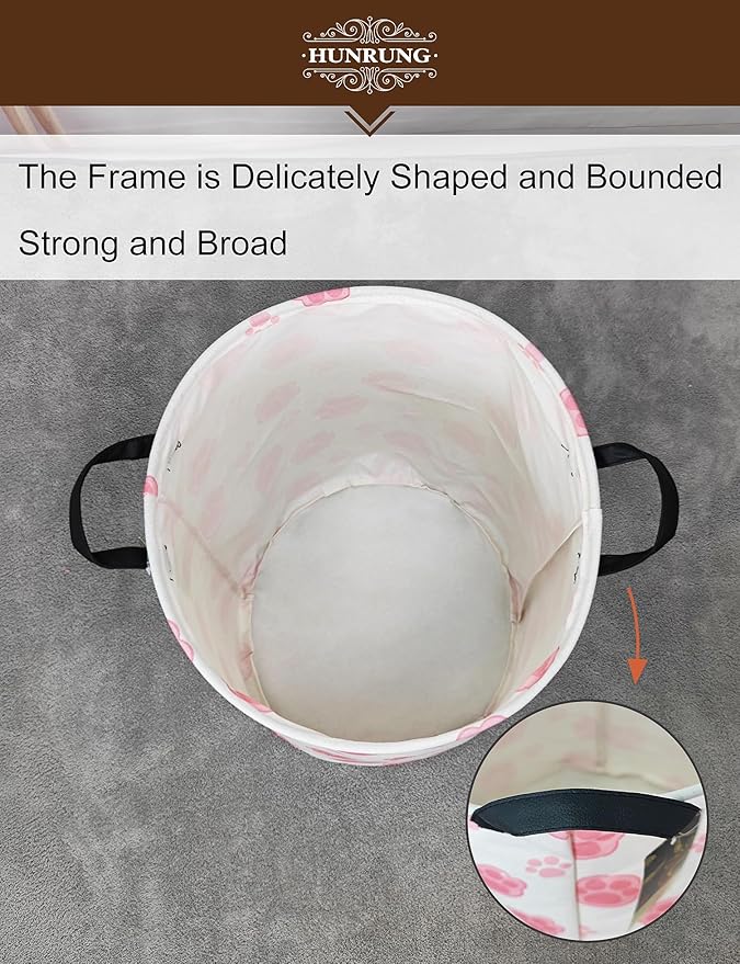 HUNRUNG Laundry Hamper,Large Canvas Fabric Lightweight Storage Basket Toy Organizer Dirty Clothes Collapsible Waterproof for College Dormsï¼Round-Pink Pawï¼