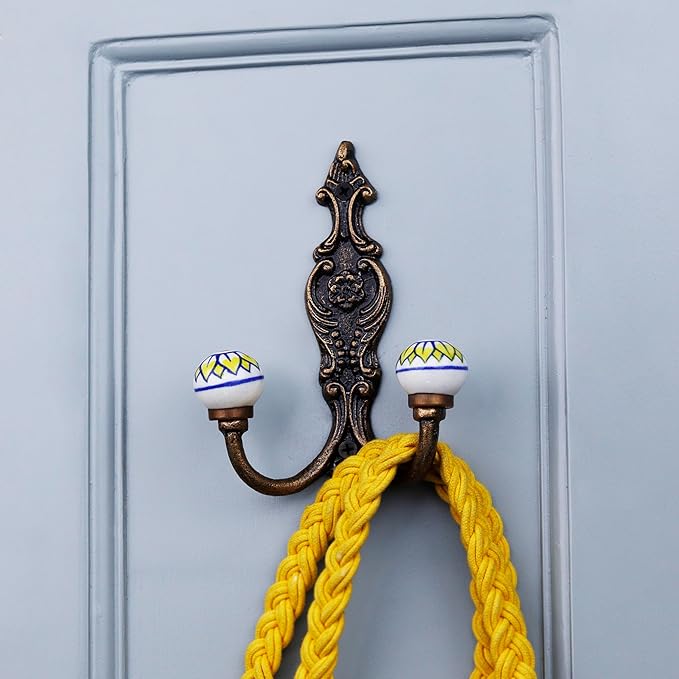 Indian Shelf Pack of 6 Heavy Duty Double Prong White Decorative Coat Hooks Unique Coat Rack Wall Mount Ceramic Wall Hooks for Hanging Towel Holder Backpack Purse Hanger- Style 11