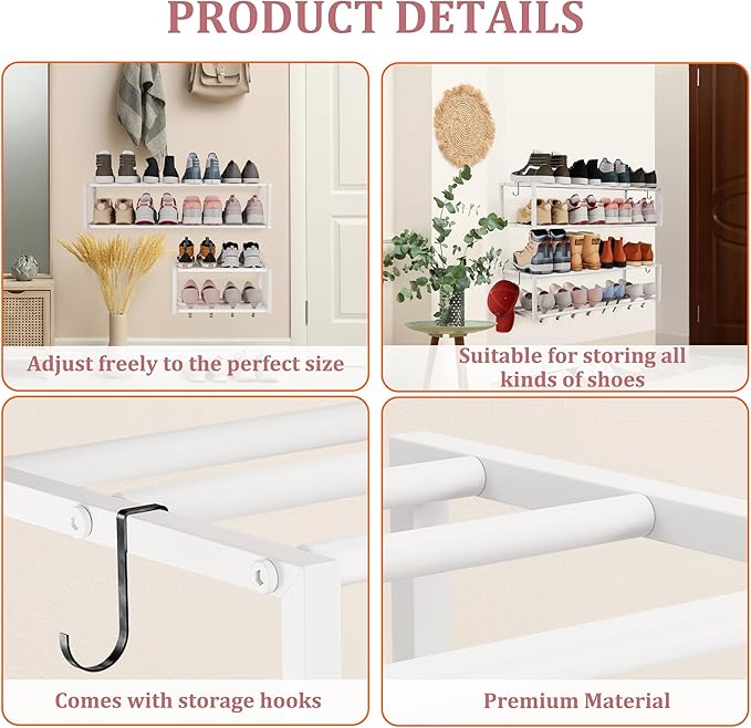 Expandable Wall Mounted Shoe Rack, 17"-31" Adjustable Hanging Shoe Rack Holds 8 Pairs, Heavy Duty Metal Shoe Holder with 2 Storage Hooks, Space Saving for Entryway Closet Doorway（White）