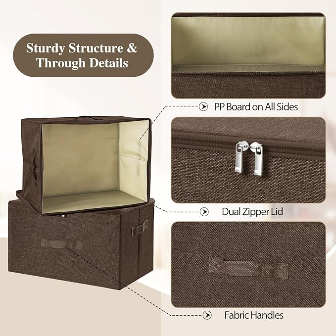 ANMINY Storage Bins with Zipper Lid Storage Boxes with Handles PP Plastic Board Foldable Lidded Cotton Linen Fabric Home Cubes Baskets Closet Clothes Toys Organizer Containers - Coffee, Medium Size