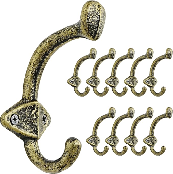 Dseap Cast Iron Wall Hooks L=5”, Heavy Duty Coat Hooks, Rustic Vintage Farmhouse Hook for Hanging Winter Coats Jackets Towels Hats Bags Plants, Antique Black& Gold, Pack of 10 (ShieldBold)