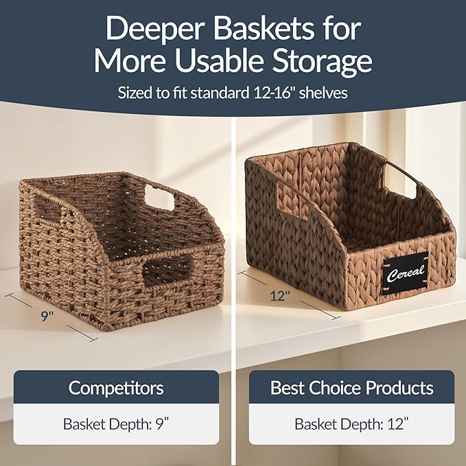 Best Choice Products Natural Hyacinth Angled Pantry Storage Baskets, Large Woven Wicker Storage Bins w/Handles, Storage Container Baskets for Shelves, Chalkboard Label & Marker (Set of 3) – Chestnut