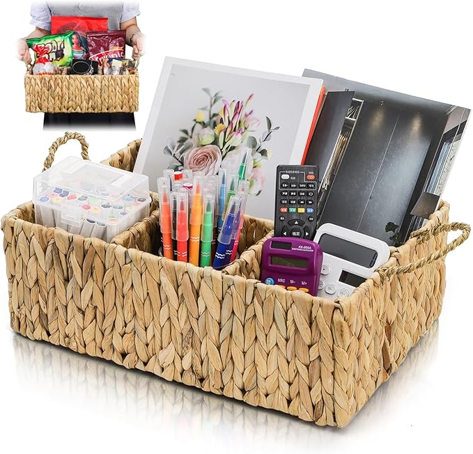Water Hyacinth Storage Basket, 4 Section Natural Wicker Storage Bin, Woven Storage Organizer with Handle, Large Divided Basket for Shelves Countertop Bathroom Pantry, 16" L x 10.5" W x 5.5" H