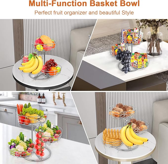 Livabber Fruit Basket Bowl with Banana Hanger, Fruit Vegetable Storage Basket with Banana Tree Holder for Kitchen Counter, Detachable Organizer for Bread Snack Produce (Chrome, 3-Tier Metal Base)