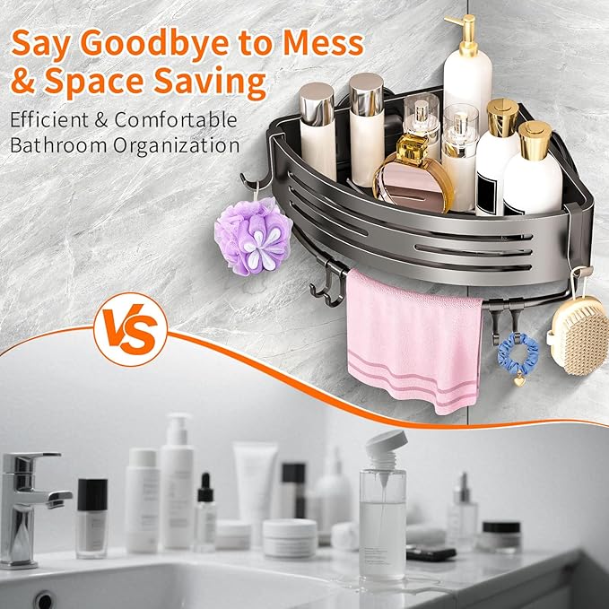 Corner Shower Caddy Suction Cup, Shower Shelves Organizer for Bathroom Storage, Aluminum No-Drilling Removable Rustproof Shower Shelf Rack with Towel Bar & Hooks (Gray)