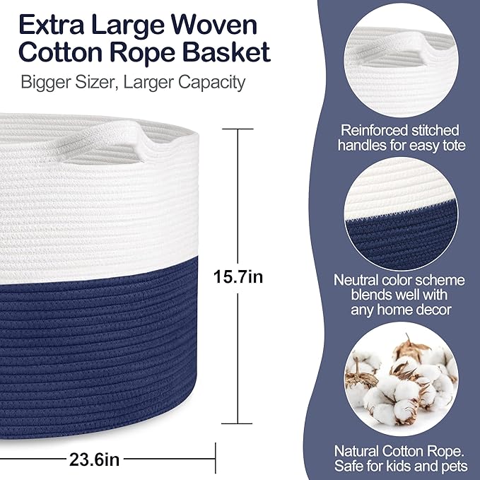 115L Super Large Blanket Basket, Storage Bin Box, Oversized Organizer, Cotton Rope Woven Bin, XXXL Jumbo Basket for Blankets for Living Room, 23.6"x15.7", Dark Blue