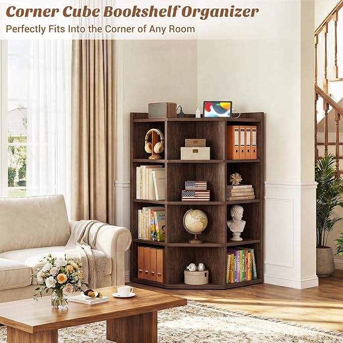Aheaplus Corner Cabinet, 5-Tier Corner Bookshelf with Power Outlets, Corner Cube Storage Shelf with Top Table, Wooden L Shaped Cubby Toy Storage for Home Office, Bedroom, Living Room, Black Walnut