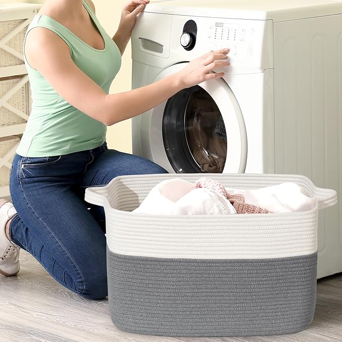 Large Blanket Basket, 60L Storage Baskets for Organizing, Woven Laundry Basket for Blankets, Cotton rope Blanket Storage for Living Room, Nursery Room, 19.7" L x 15.74" W x 11.8" H, Gray