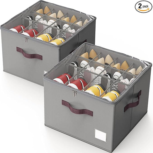 Criusia Shoe Organizer for Closet, 2 Pack Shoe Organizer with Transparent Cover and Sturdy Handles, Closet Shoe Storage for Sneakers Sandals Slippers, Fit 12-16 Pairs, Gray