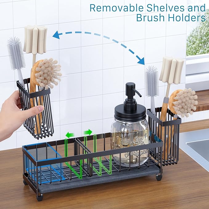 Mason Jar 16 oz Liquid Soap Dispensers Set with Large Kitchen Sink Caddy, Black Rustproof Stainless Steel Pump, Refill Hand Soap, Dish Soap, Vintage Farmhouse Decor for Bathroom, Kitchen