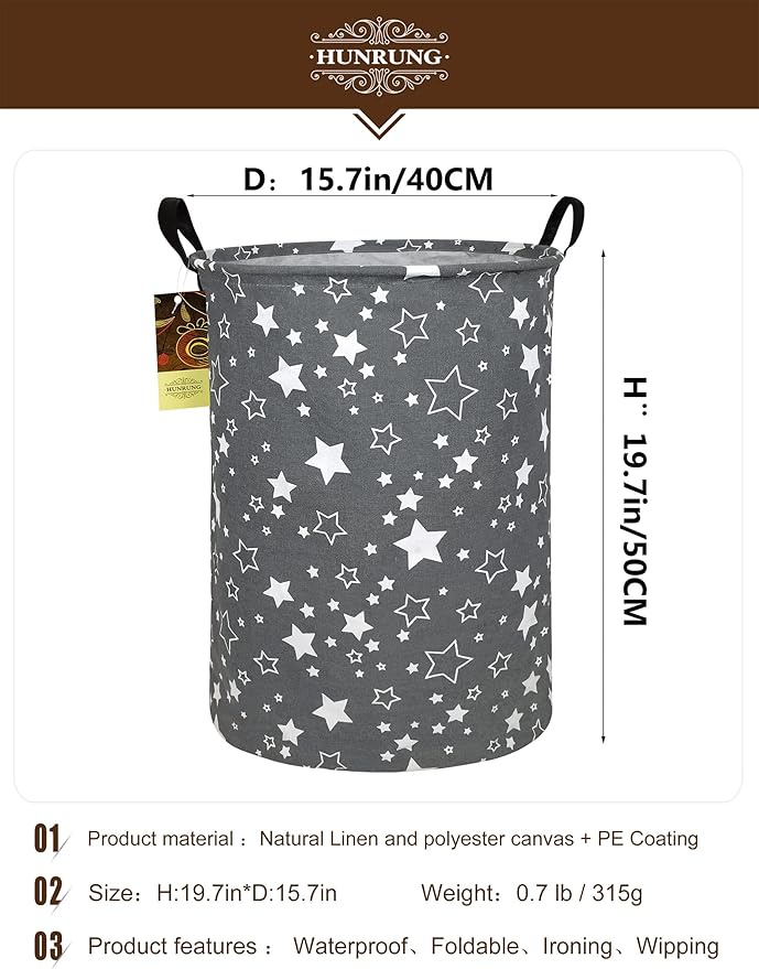 HUNRUNG Laundry Hamper,Large Canvas Fabric Lightweight Storage Basket Toy Organizer Dirty Clothes Collapsible Waterproof for College Dorms, Children Bedroom,Bathroomï¼Round starï¼