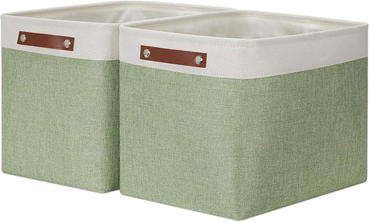 HNZIGE Large Fabric Storage Baskets with Leather Handles, Decorative Foldable Baskets for Organizing Closet & Home (Green, 16" x 11.8" x 11.8" - 2 Pack)