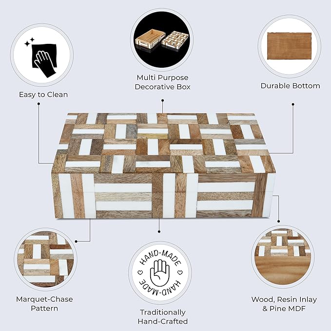 Handicrafts Home White Decorative Box with LidâMarquet Resin Inlay & Wood Decorative Boxes for Home Decor, Decor, Storage Box for Jewellery & Keys White Brown Neutral Decorative Storage Box-10x4.5x2.5
