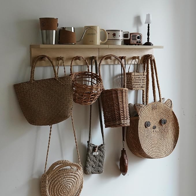 Wall Mounted Coat Rack with Shelf, 15.7" Floating Shelf with 8 Hooks, Heavy Duty Entryway Organizer for Hanging Coats, Bags, Hats, Towels - Ideal for Entryway, (2Pack-Birch Colored Finish)