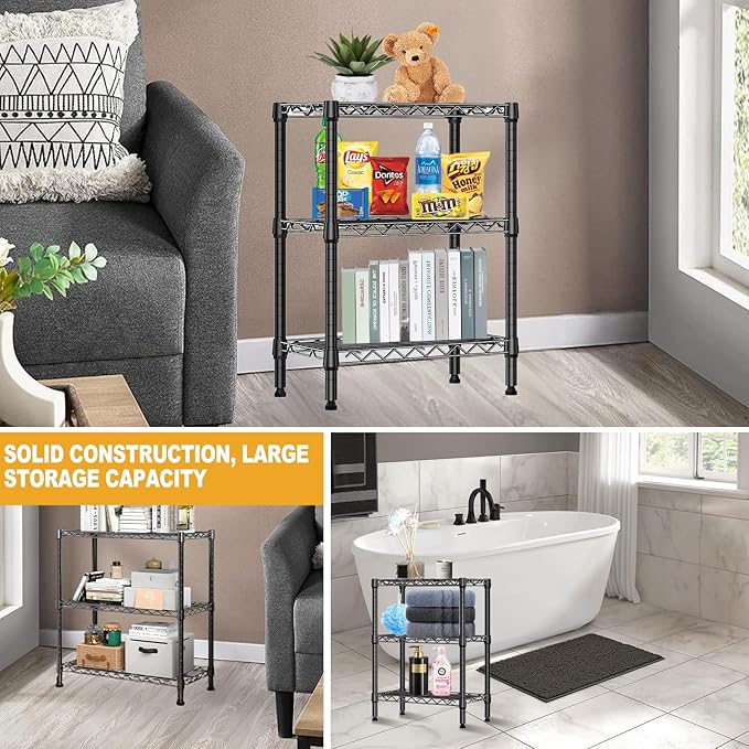 Heavy Duty Stainless Steel Kitchen Storage Rack, Adjustable Shelf Organizer with Non-Slip Mats, Black, for Cabinets, Countertops, Pantries (3-Tier Rack)