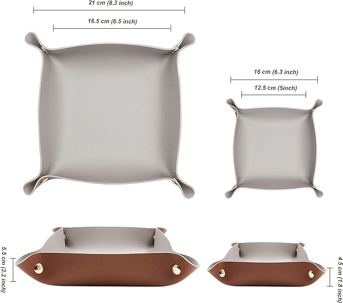 2 Size Leather Valet Tray Organizer, Folding Travel Organizer, Jewelry Tray, For Travel, Home Or Office | Plain Weave, Double Complexion - Brown & Grey
