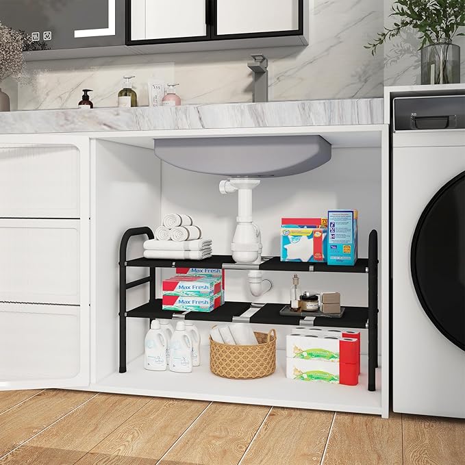 Expandable Under Sink Organizers, 2-Tier Kitchen Bathroom Cabinet Storage Counter Shelf, Shoe Storage Rack with 8 Removable Plastic Boards for Kitchen, Bathroom, Pantry, Entryway, Closet