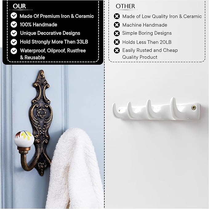 Indian Shelf Pack of 12 Heavy Duty Double Prong White Decorative Coat Hooks Unique Coat Rack Wall Mount Ceramic Wall Hooks for Hanging Towel Holder Backpack Purse Hanger- Style 11