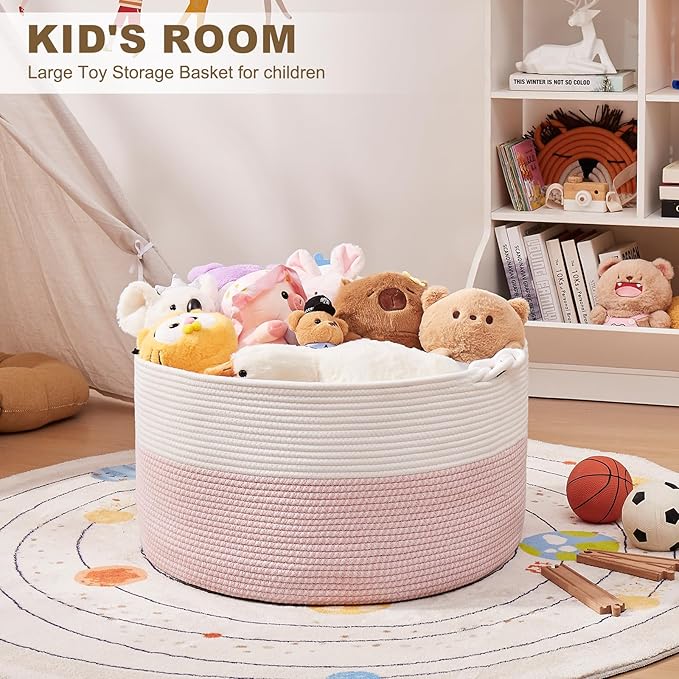 Large Blanket Storage Basket for Living Room, 22.8" x 22.8" x 13" Woven Cotton Rope Basket with Handles, Baby Toy Storage, Laundry Hamper for Clothes, Pillows, Towels-Pink and White