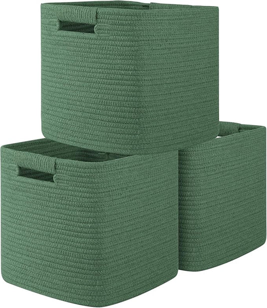 OIAHOMY Storage Cubes 11 Inch Storage Bins-3 Pack, Cotton Rope Woven Baskets for Organizing, Square Baskets for Shelves Organizer, Classroom, Toy Basket, Green