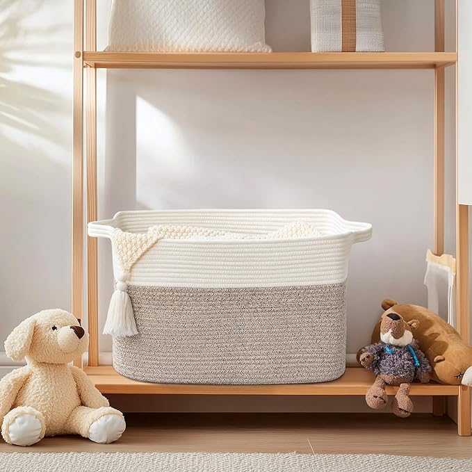 Large Blanket Basket, 60L Storage Baskets for Organizing, Woven Laundry Basket for Blankets, Cotton rope Blanket Storage for Living Room, Nursery Room, 19.7" L x 15.74" W x 11.8" H, Brown
