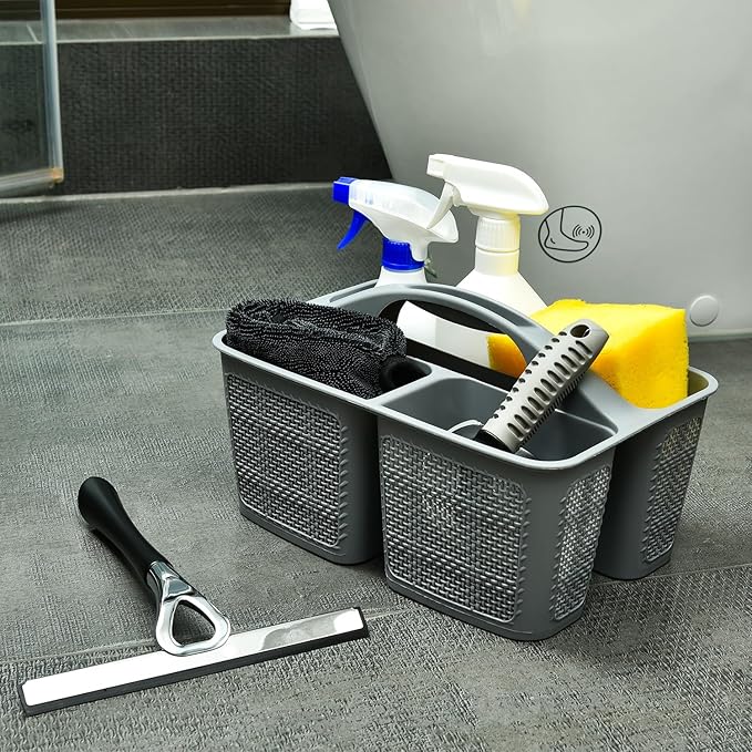 Plastic Gray Shower Caddy Basket, Divided Cleaning Portable Shower Basket with Handle Compartments Storage Organizer for Bathroom, College, Kitchen, Dorm Room Essentials