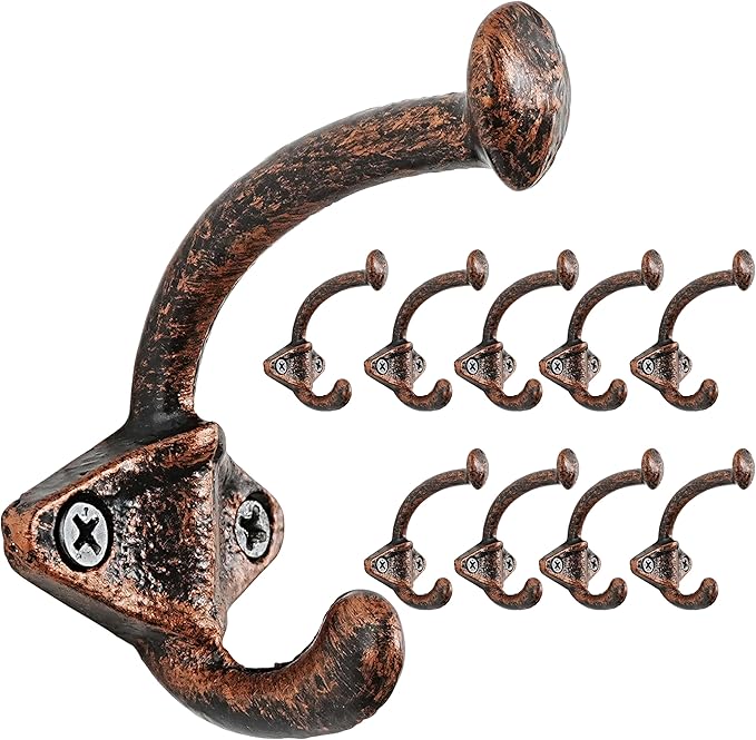 Dseap Cast Iron Wall Hooks, Heavy Duty Coat Hooks, Rustic Vintage Farmhouse Hook for Hanging Winter Coats Jackets Towels Hats Bags Plants, Antique Copper, Pack of 10 (ShldCast)