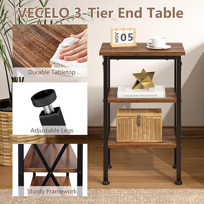 VECELO End Table, 24" Tall Wood Living Room X-Design Reinforced Side Tables, Nightstands with 3-Tier Wood Storage Shelves for Small Spaces, Office, Bathroom, Bedroom, Retro Brown, 2 Pack