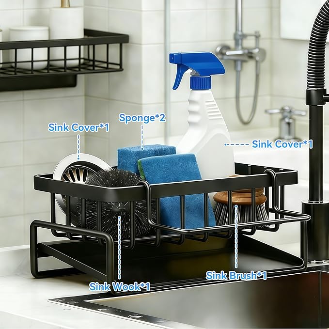 Sponge Holder for Kitchen, Sink Caddy Organizer Rack for Kitchen Accessories, Soap Dispenser Countertop Organizer Essentials for Home (Black)