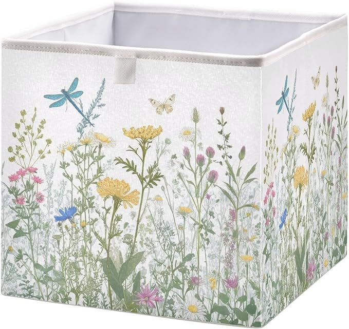 Blueangle Colorful Herbs and Flowers Cube Storage Bin, 11 x 11 x 11 in, Large Collapsible Organizer Storage Basket for Home Décor