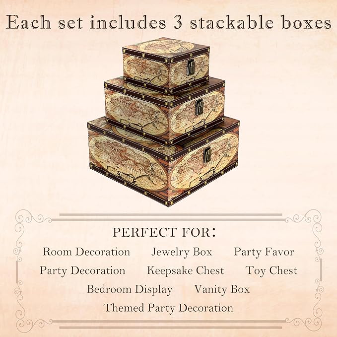 Jolitac Wooden Storage Box Set of 3, Antique-Looking Storage Containers with Secret Compartments Vintage Nesting Keepsake Chests for Jewelry, Cash, Photos Travel-Friendly & Stackable (Map)