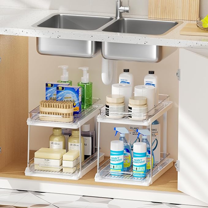 Delamu 2-Tier Bathroom Under Sink Organizers and Storage, Pull Out Cabinet Drawers with Anti-Slip Design & Two Sizes, Multi-Purpose Storage for Kitchen, Pantry, Bathroom & Home Organization, 4 Pack