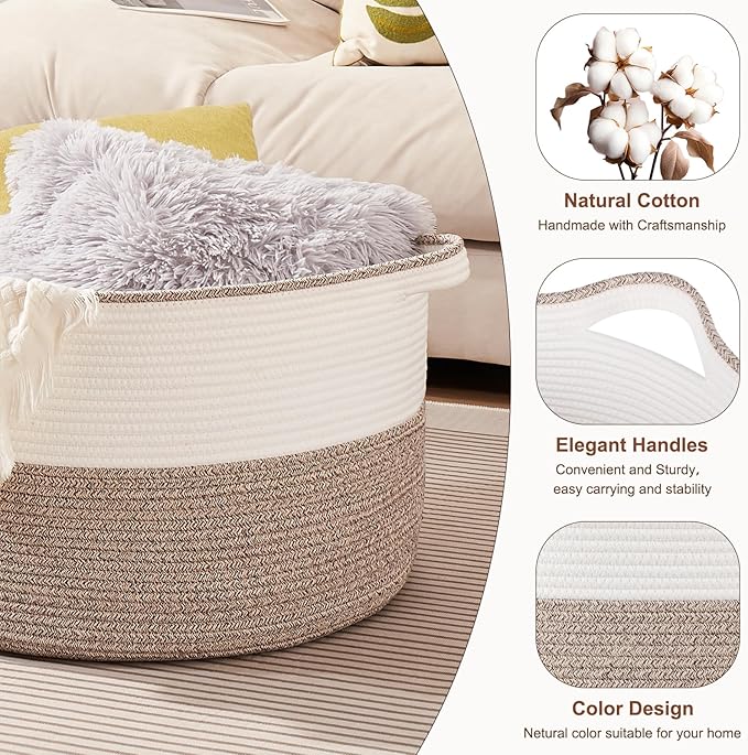 Large Blanket Basket with Handles, 22.8" x 22.8" x 13" Woven Storage Basket for Living Room, Cotton Rope Baby Toy Storage for Clothes, Pillows, Towels-Brown & White