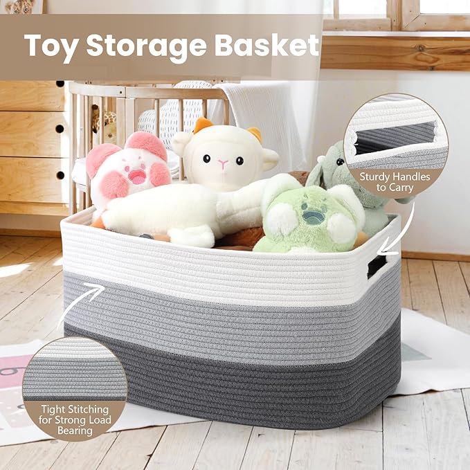 95L Large Blanket Basket, Woven Storage Baskets with Reinforced Handles, Rope Laundry Basket for Living Room, Bedroom, Nursery, Toys, Clothes, Pillows, 24â x 17â x 13.5â, White & Grey