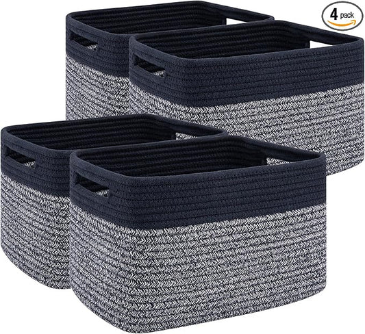 4 Pack Storage Baskets for Organizing, Woven Baskets for Shelves - Perfect for Toys, Books, Towels, and Clothes, Durable Gift Basket Bins Toy Storage, 12.7''L x9''W x7.8''H, Blue and Grey
