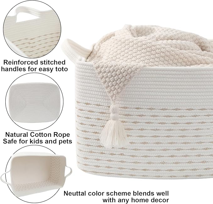 Magazine & Newspaper Baskets,65L Large Woven Rope Blanket Basket,21"x16"x12"Storage Bin with Handle,Toys Storage,Laundry Basket for Home Organization/Living Room/Nursery/Bedroom,White&Yellow
