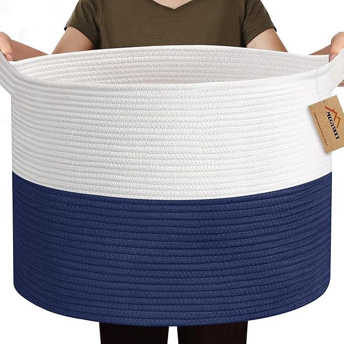 115L Super Large Blanket Basket, Storage Bin Box, Oversized Organizer, Cotton Rope Woven Bin, XXXL Jumbo Basket for Blankets for Living Room, 23.6"x15.7", Dark Blue