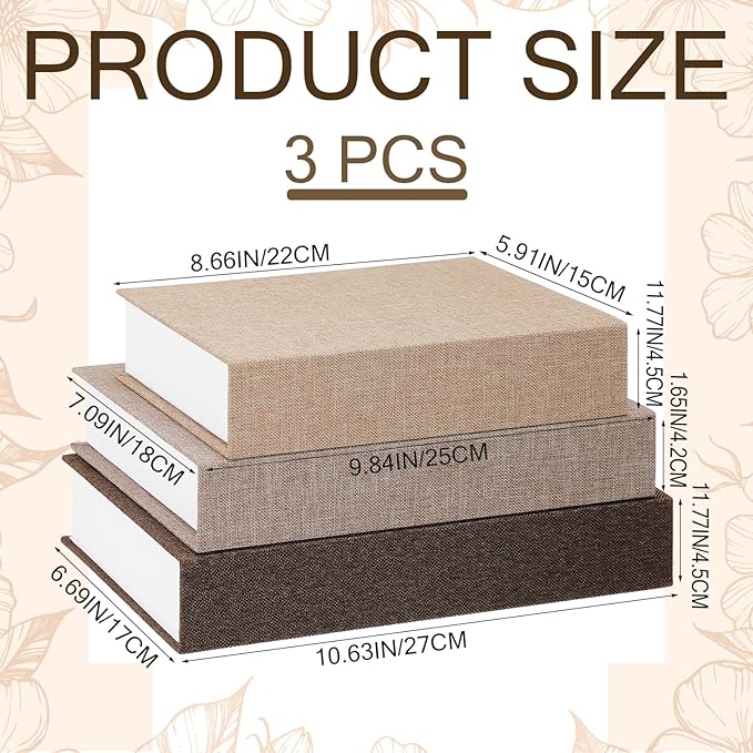 Tioncy 3 Pcs Fake Book Box Neutral Linen Book Box Decorative Faux Prop Storage for Farmhouse Home Decor shelf Table Card Photo DIY Keepsake Gift(Multi Sizes,Khaki, Dark Coffee, Light Coffee)