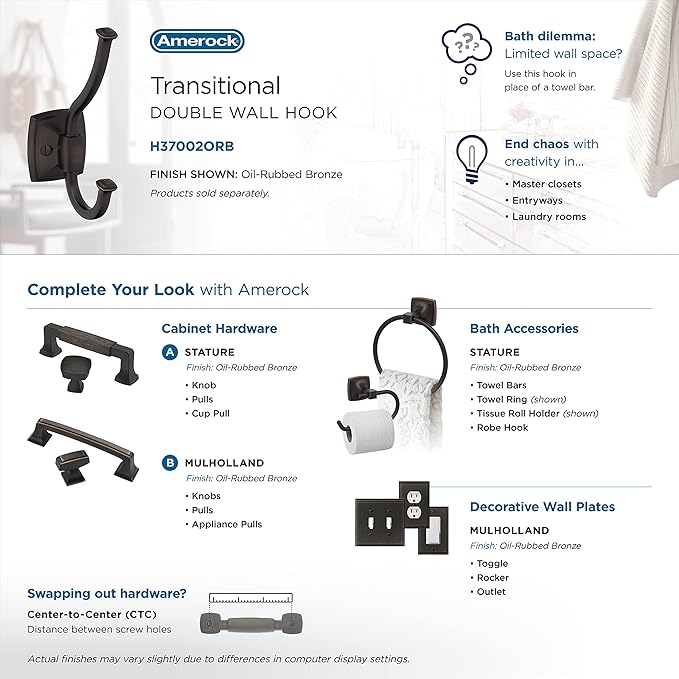 Amerock H37002ORB | Kinsale Double Prong Decorative Wall Hook | Oil Rubbed Bronze Hook for Coats, Hats, Backpacks, Bags | Hooks for Bathroom, Bedroom, Closet, Entryway, Laundry Room, Office