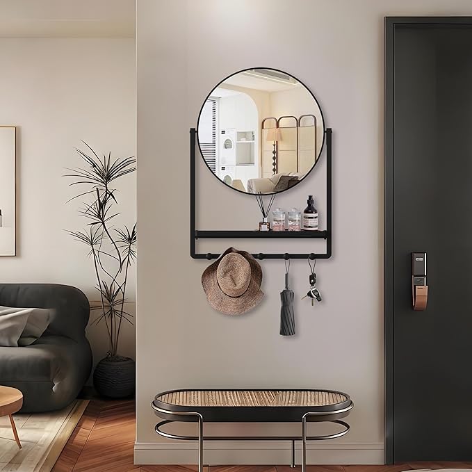 WONSTART Modern Black Round Wall Mirror with Shelf and Hooks, 29.5" x 21.7" Large Bathroom Mirror with 10° Adjustable Tilt for Entryway, Living Room, Hallway, Bedroom