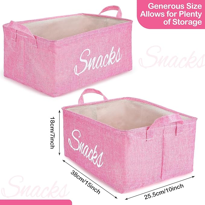 17 Pcs Snack Basket Sets, Snack Storage Bin for Pantry Shelves with 16 Pcs 2 Inch Chip Clips, Basket Organizer for Kitchen Home, Chips, Popcorn, Candy, Pretzels (Pink,Burlap)
