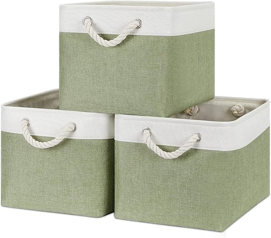 Bidtakay Large Fabric Baskets for Organizing [3-pack] Closet Organizers and Storage Baskets for Gifts Empty Foldable Nursery Baskets for Toy Storage 15 X 11 X 9.5 Inches (White&green)