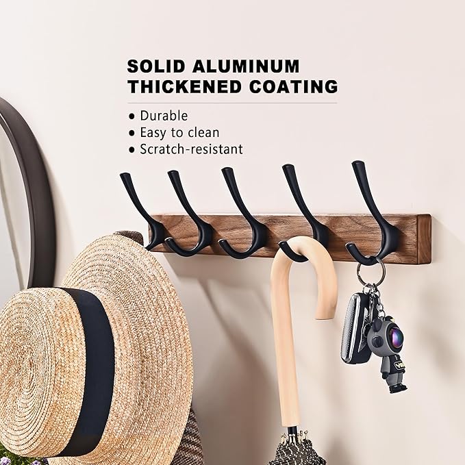 17.3" Small Walnut Wood Coat Rack Wall Mount with 5 Hooks, Heavy Duty Wooden Jacket Hanger Door Mounted for Decorative Entryway and Bathroom Hanging Towel Backpack Purse Clothes Hat Key